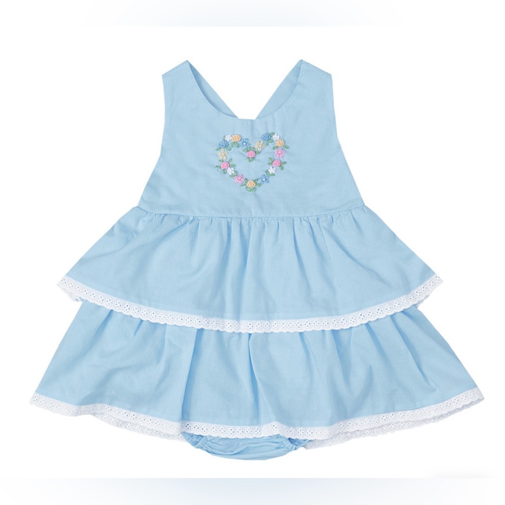 Fantaisie Kids Embroidered Blue Ruffle Bubble Dress 9 Months
